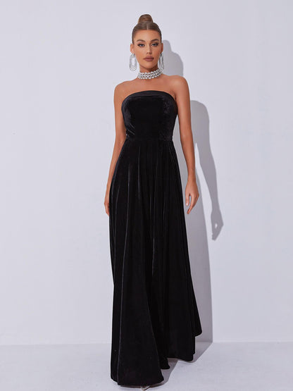 Strapless Satin Band Velvet Pleated A-Line Maxi Gown
