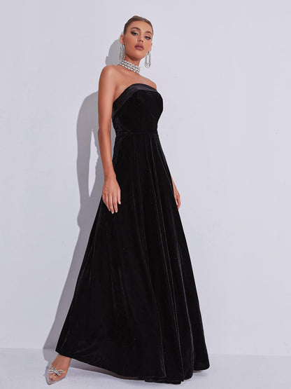 Strapless Satin Band Velvet Pleated A-Line Maxi Gown