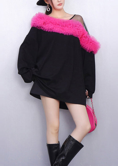 Colorblock One Shoulder Tulle Ruffle Sweatshirt Mini Dress