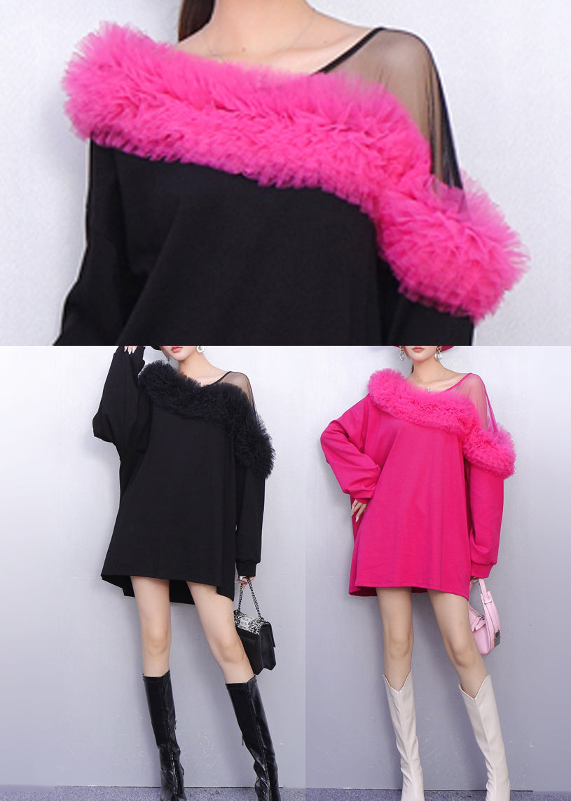 Colorblock One Shoulder Tulle Ruffle Sweatshirt Mini Dress