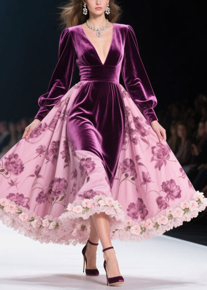 Deep V-Neck Puff Sleeve Velvet Bodice Floral Applique Ruffle Hem Maxi Gown
