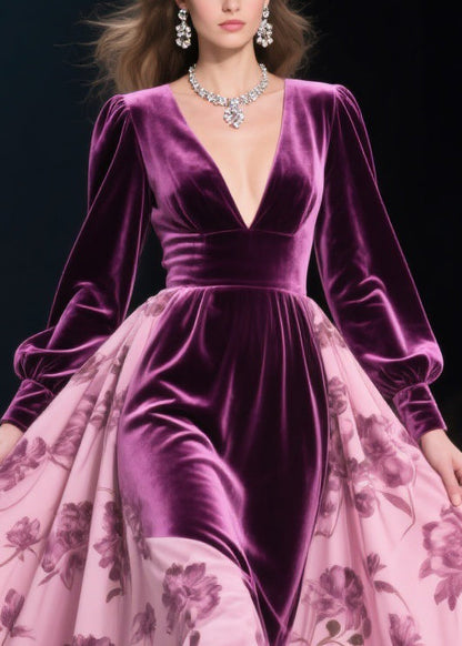 Deep V-Neck Puff Sleeve Velvet Bodice Floral Applique Ruffle Hem Maxi Gown