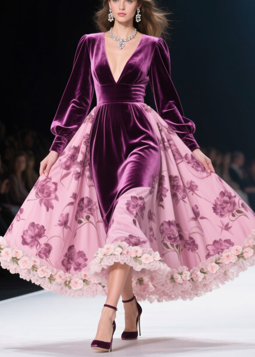 Deep V-Neck Puff Sleeve Velvet Bodice Floral Applique Ruffle Hem Maxi Gown