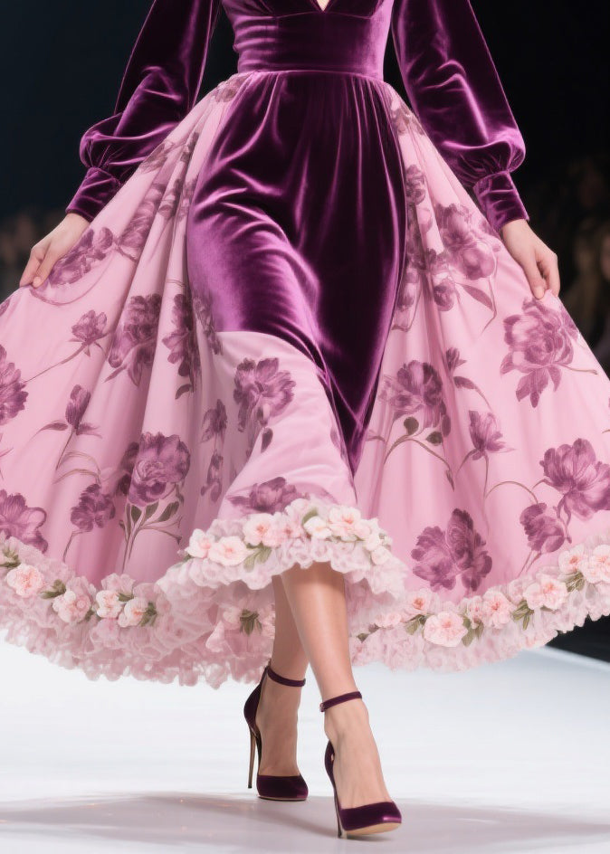 Deep V-Neck Puff Sleeve Velvet Bodice Floral Applique Ruffle Hem Maxi Gown