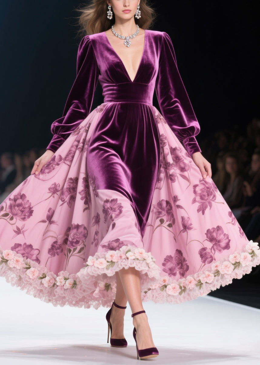Deep V-Neck Puff Sleeve Velvet Bodice Floral Applique Ruffle Hem Maxi Gown