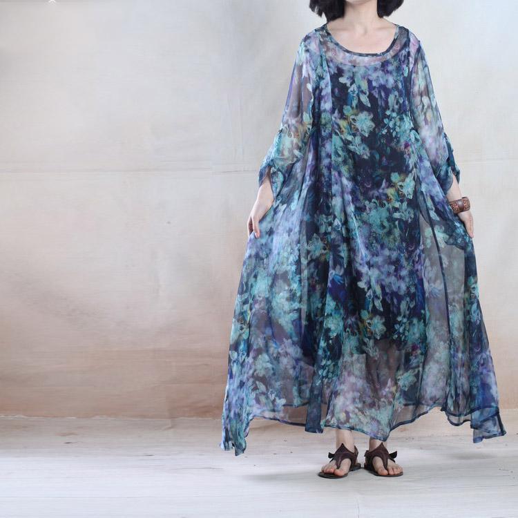 Sheer Layered Watercolor Floral Print Oversized Long Sleeve Maxi Dress