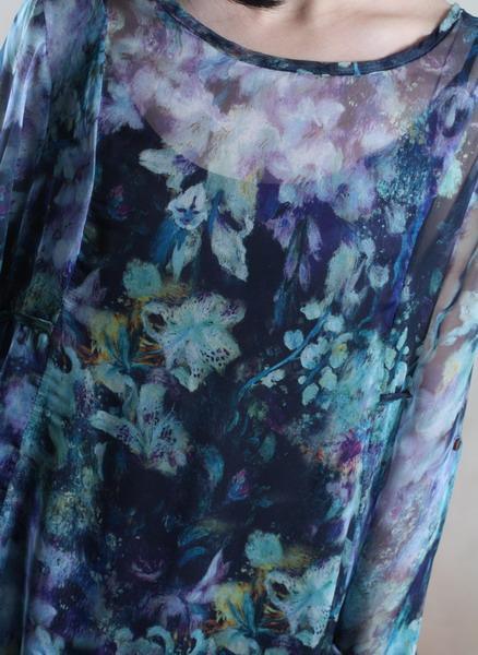 Sheer Layered Watercolor Floral Print Oversized Long Sleeve Maxi Dress