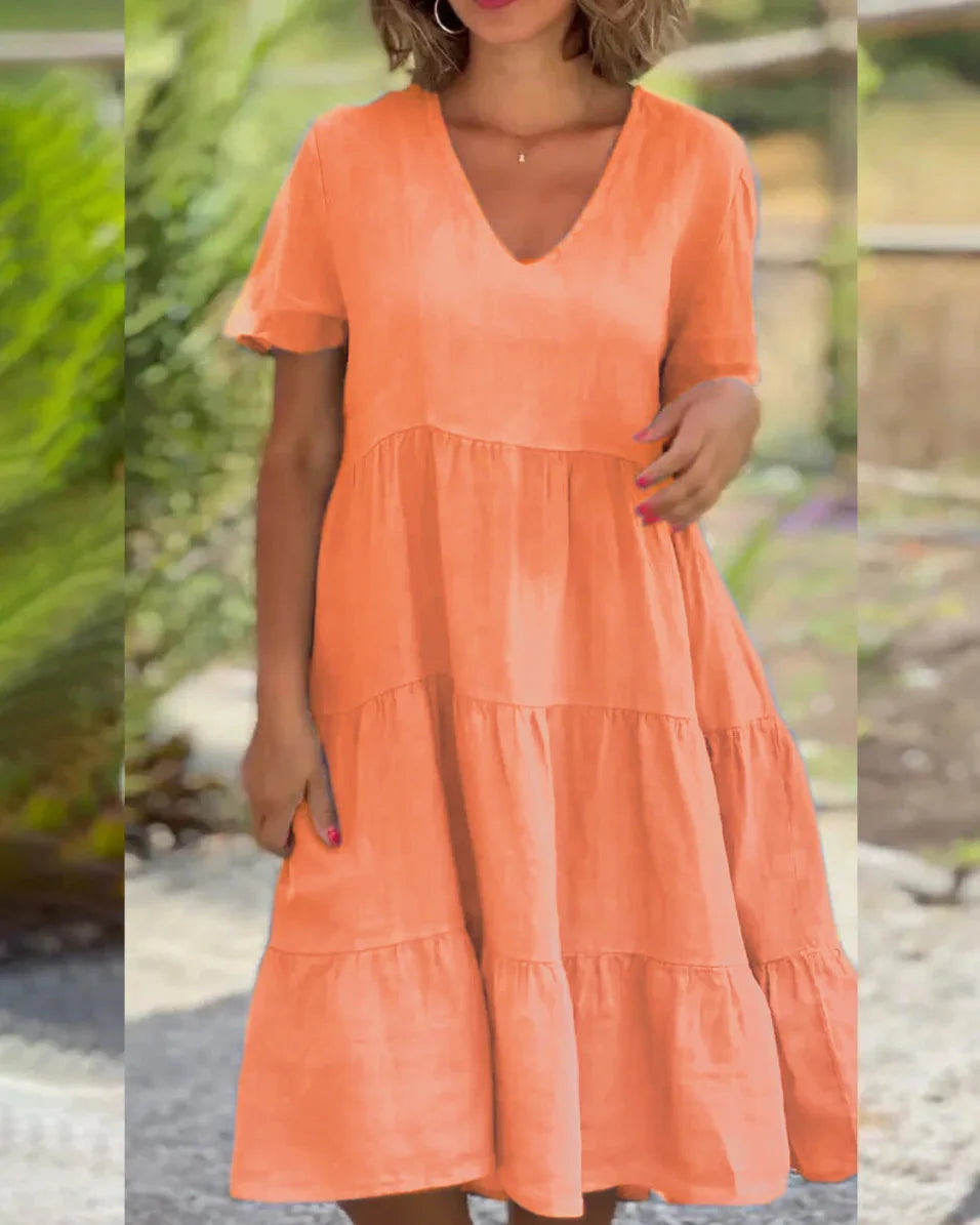 V-Neck Short Sleeve Tiered Swing Midi Dress