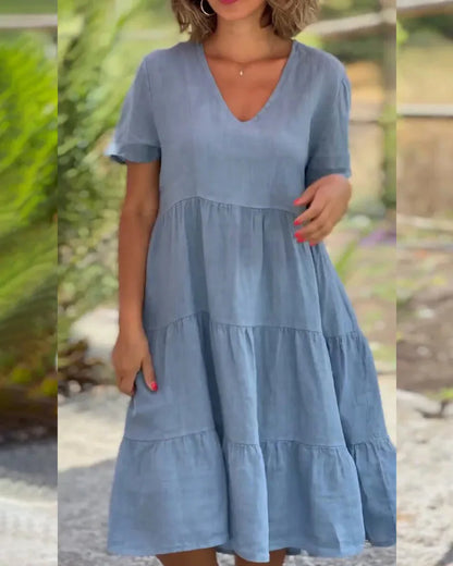 V-Neck Short Sleeve Tiered Swing Midi Dress
