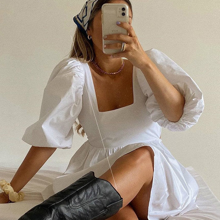 Square Neck Puff Sleeve Smocked Waist Mini Dress
