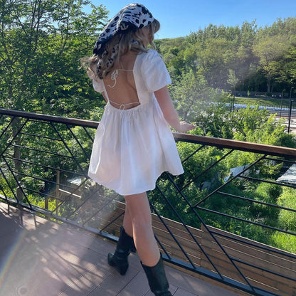 Square Neck Puff Sleeve Smocked Waist Mini Dress