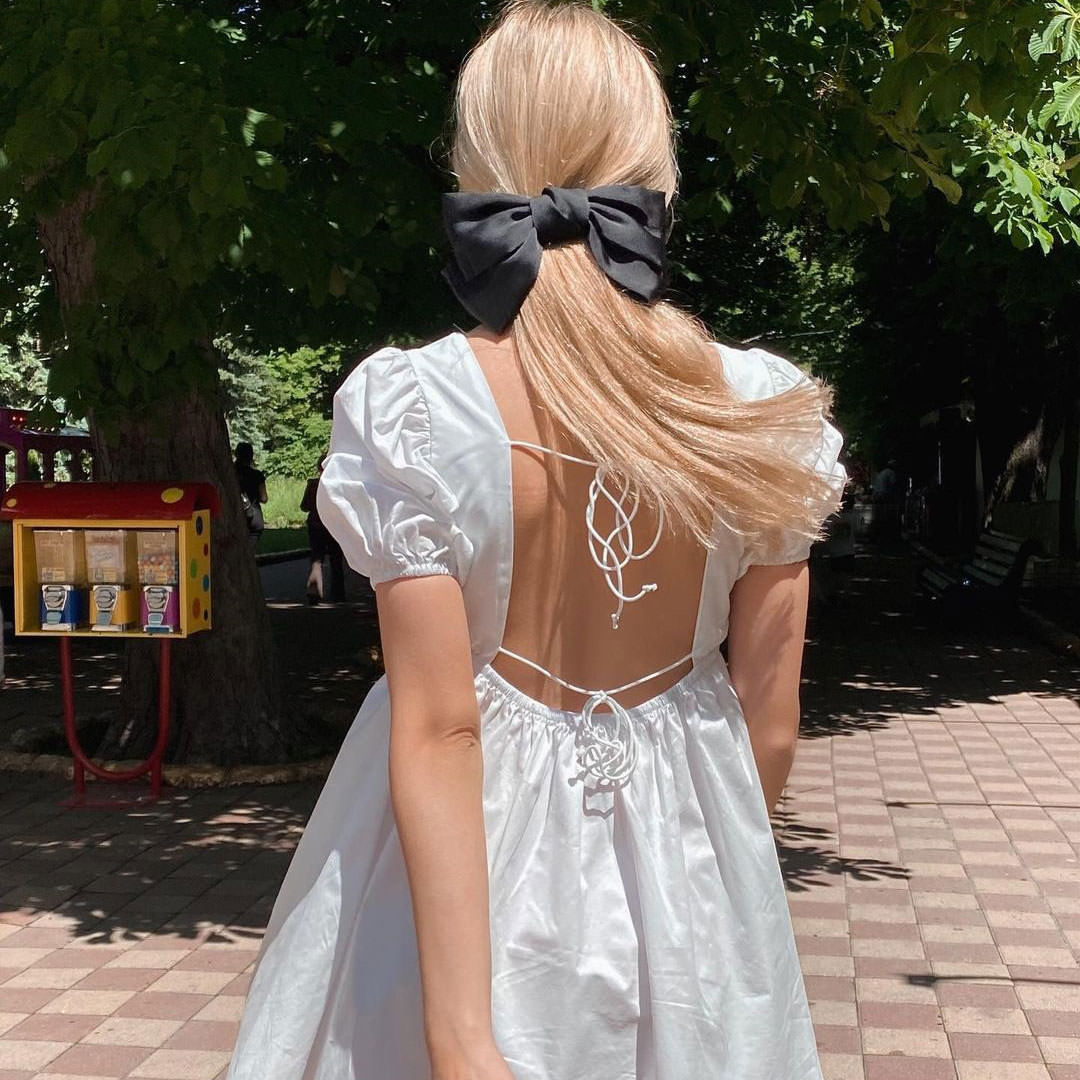 Square Neck Puff Sleeve Smocked Waist Mini Dress