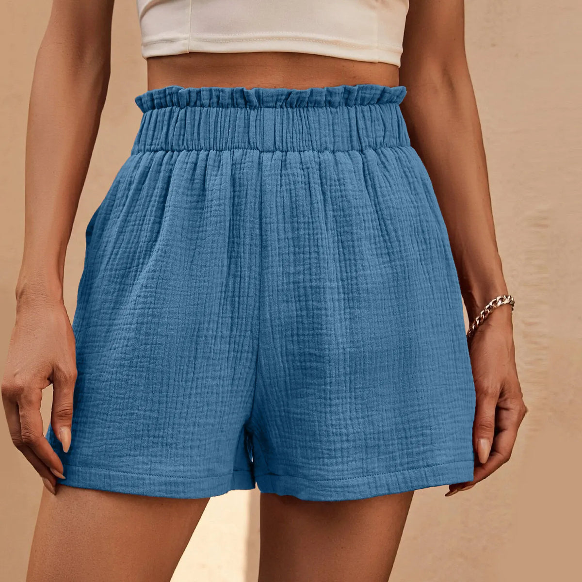 Cotton Double Layered Pleats Hem Straight Leg High Waist Sports Short