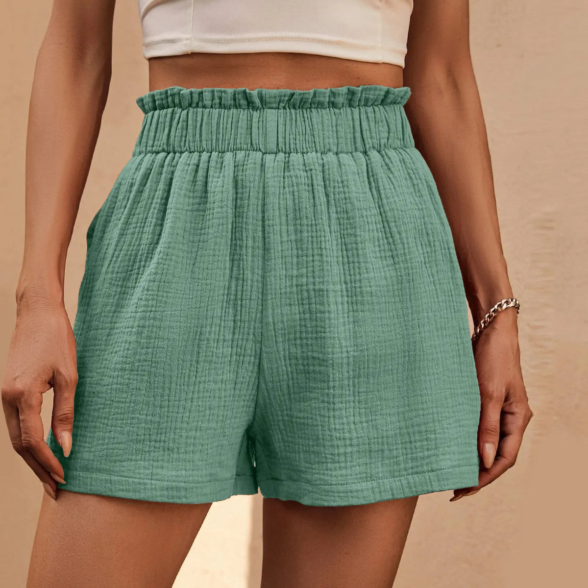 Cotton Double Layered Pleats Hem Straight Leg High Waist Sports Short