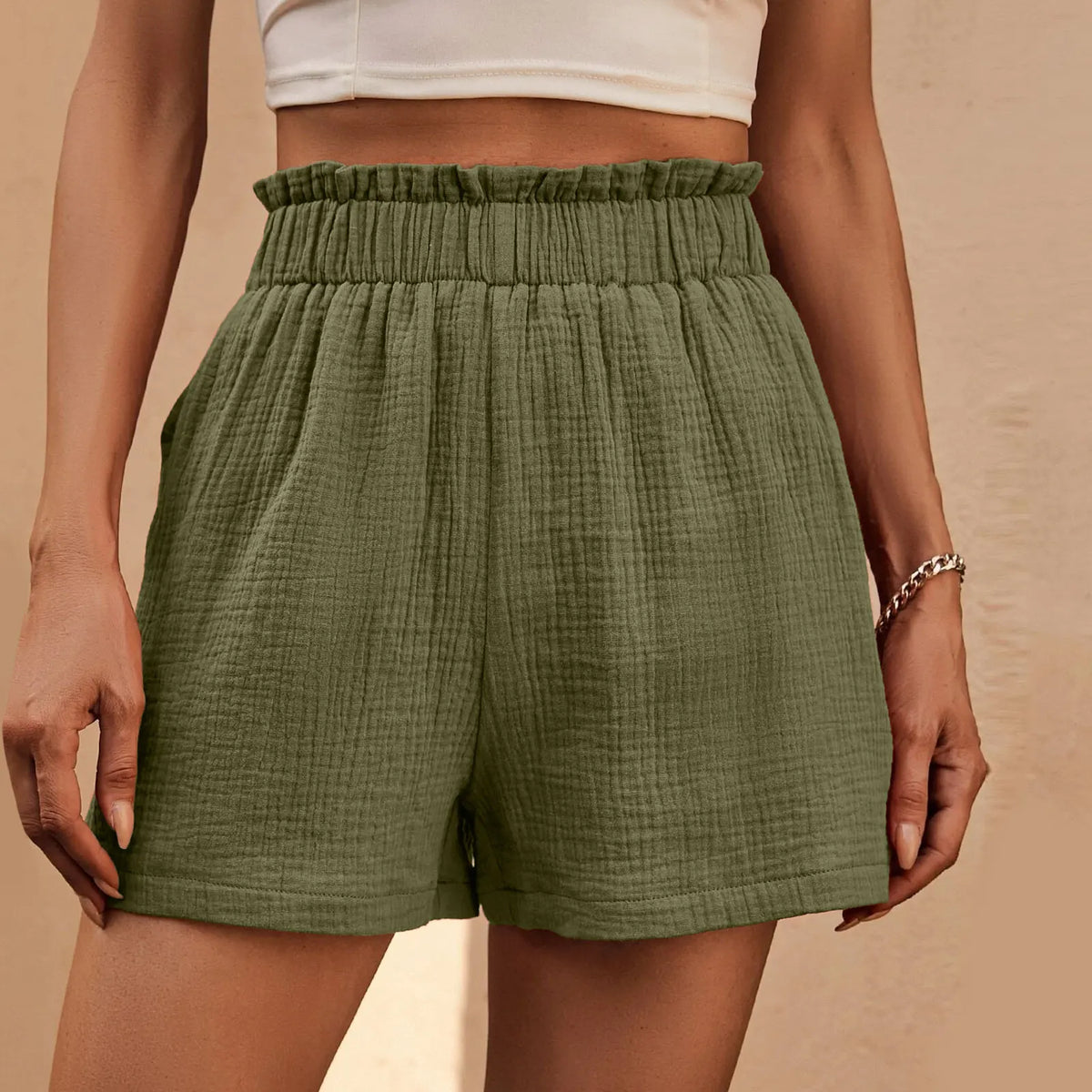 Cotton Double Layered Pleats Hem Straight Leg High Waist Sports Short
