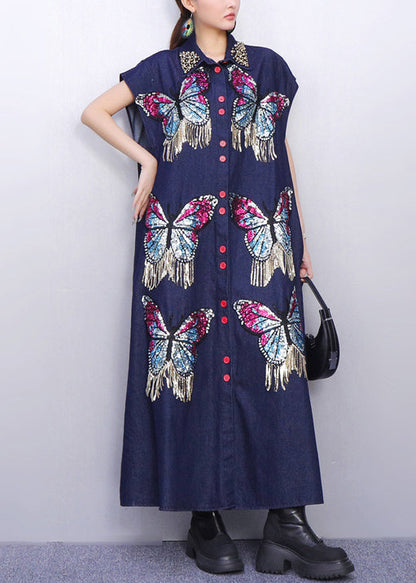 Studded Collar Butterfly Sequin Fringe Button Denim Maxi Dress
