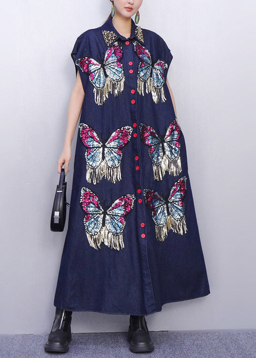 Studded Collar Butterfly Sequin Fringe Button Denim Maxi Dress