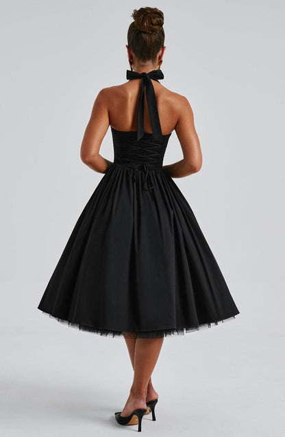 Square Neck Halter Pleated Ball Skirt Tulle Hem Midi Dress