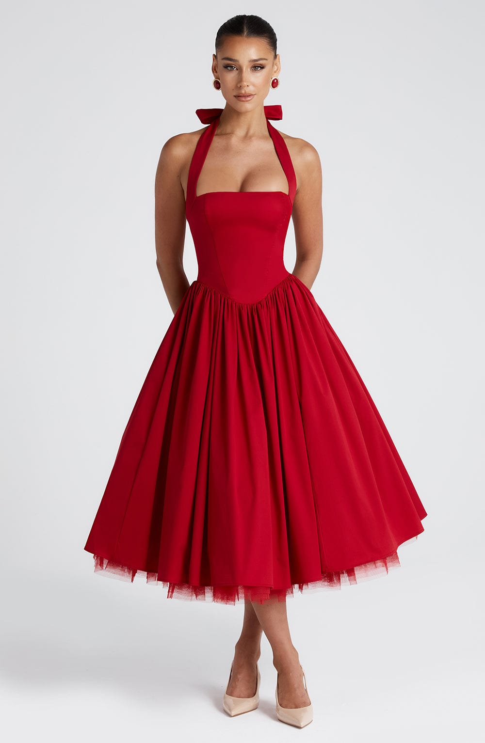 Square Neck Halter Pleated Ball Skirt Tulle Hem Midi Dress