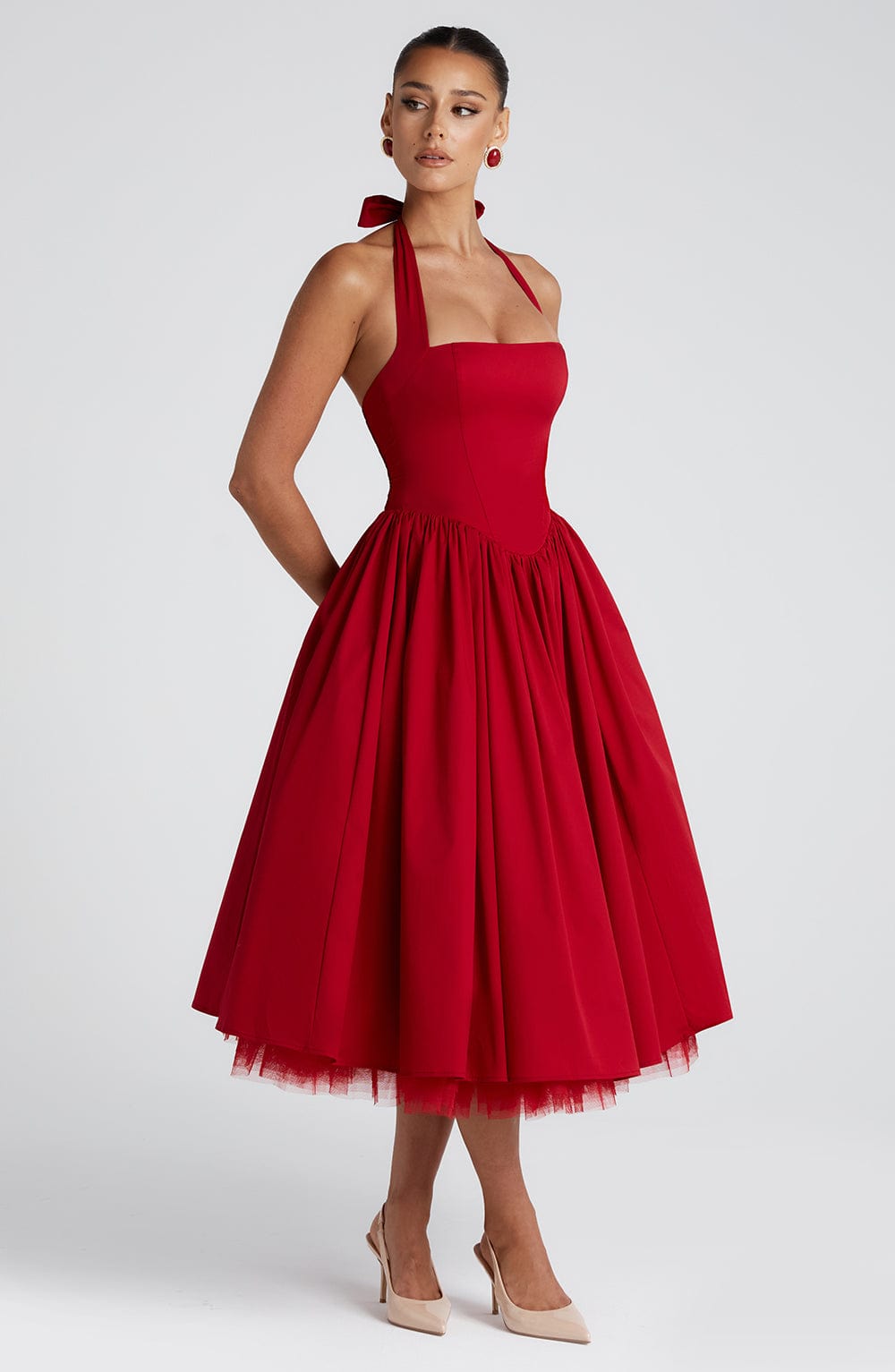 Square Neck Halter Pleated Ball Skirt Tulle Hem Midi Dress