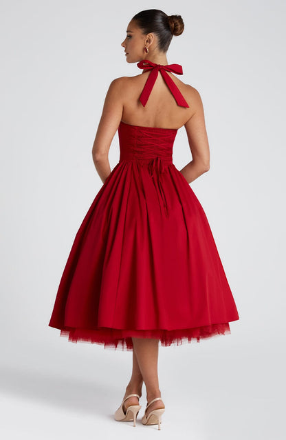 Square Neck Halter Pleated Ball Skirt Tulle Hem Midi Dress