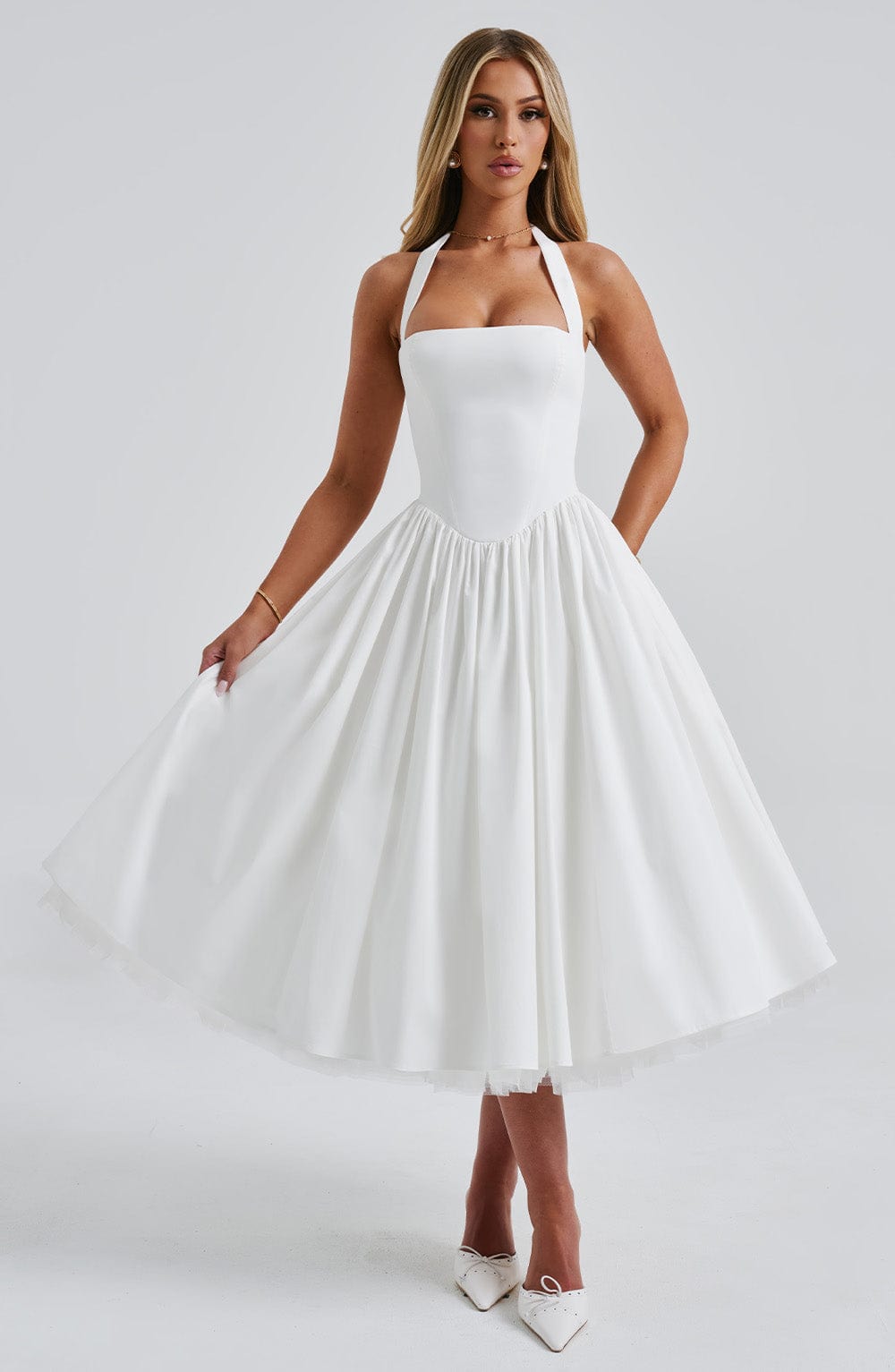 Square Neck Halter Pleated Ball Skirt Tulle Hem Midi Dress