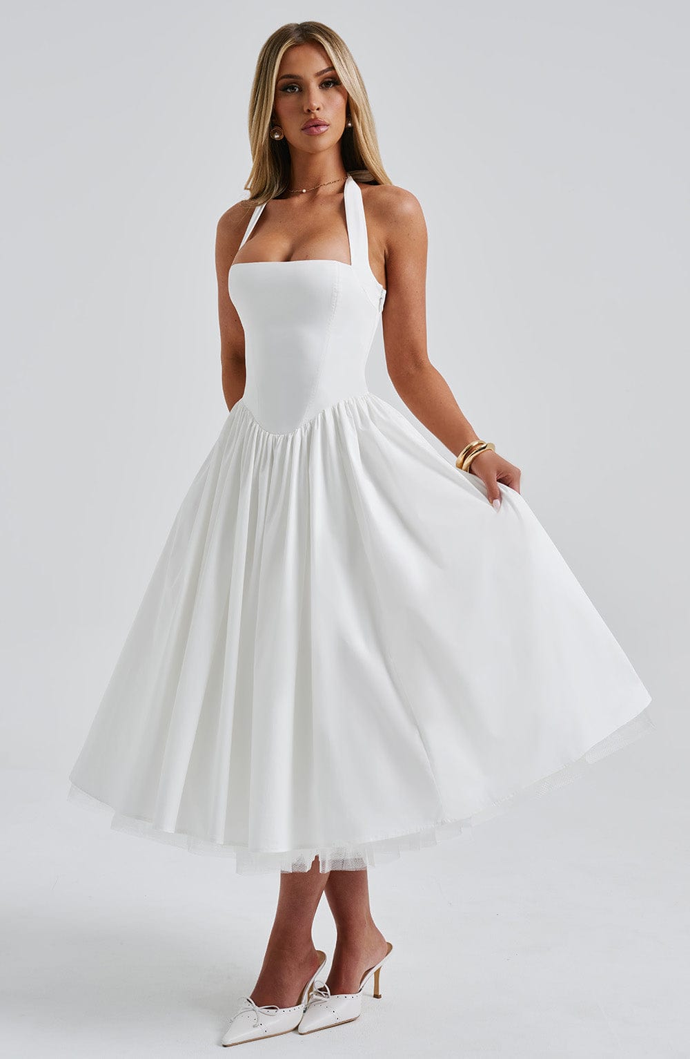 Square Neck Halter Pleated Ball Skirt Tulle Hem Midi Dress
