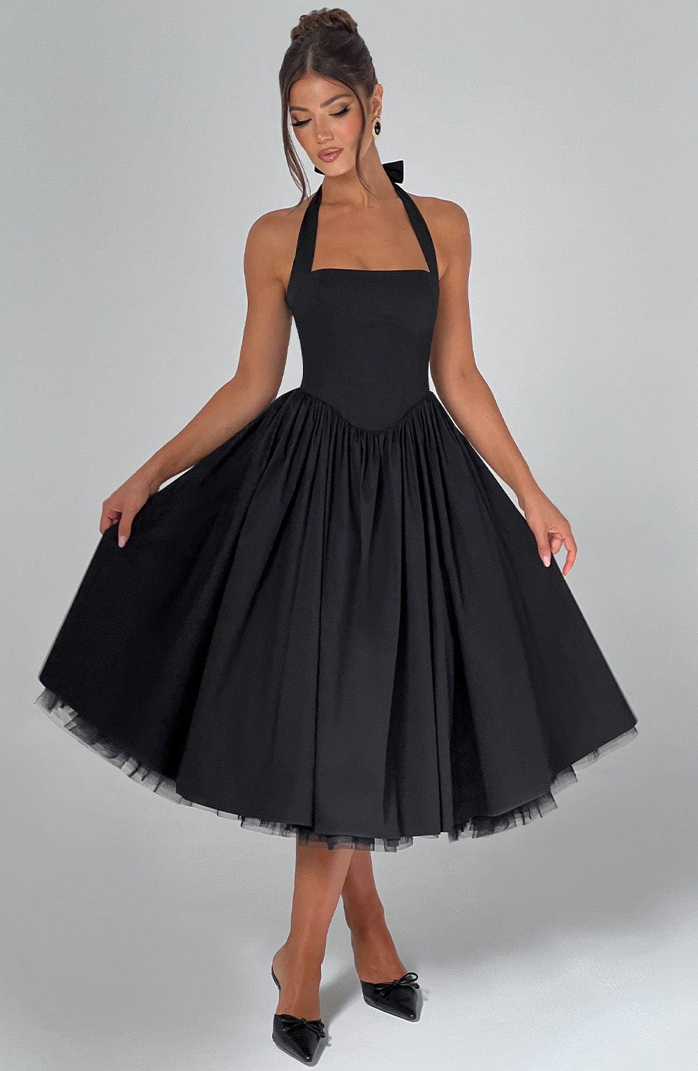 Square Neck Halter Pleated Ball Skirt Tulle Hem Midi Dress
