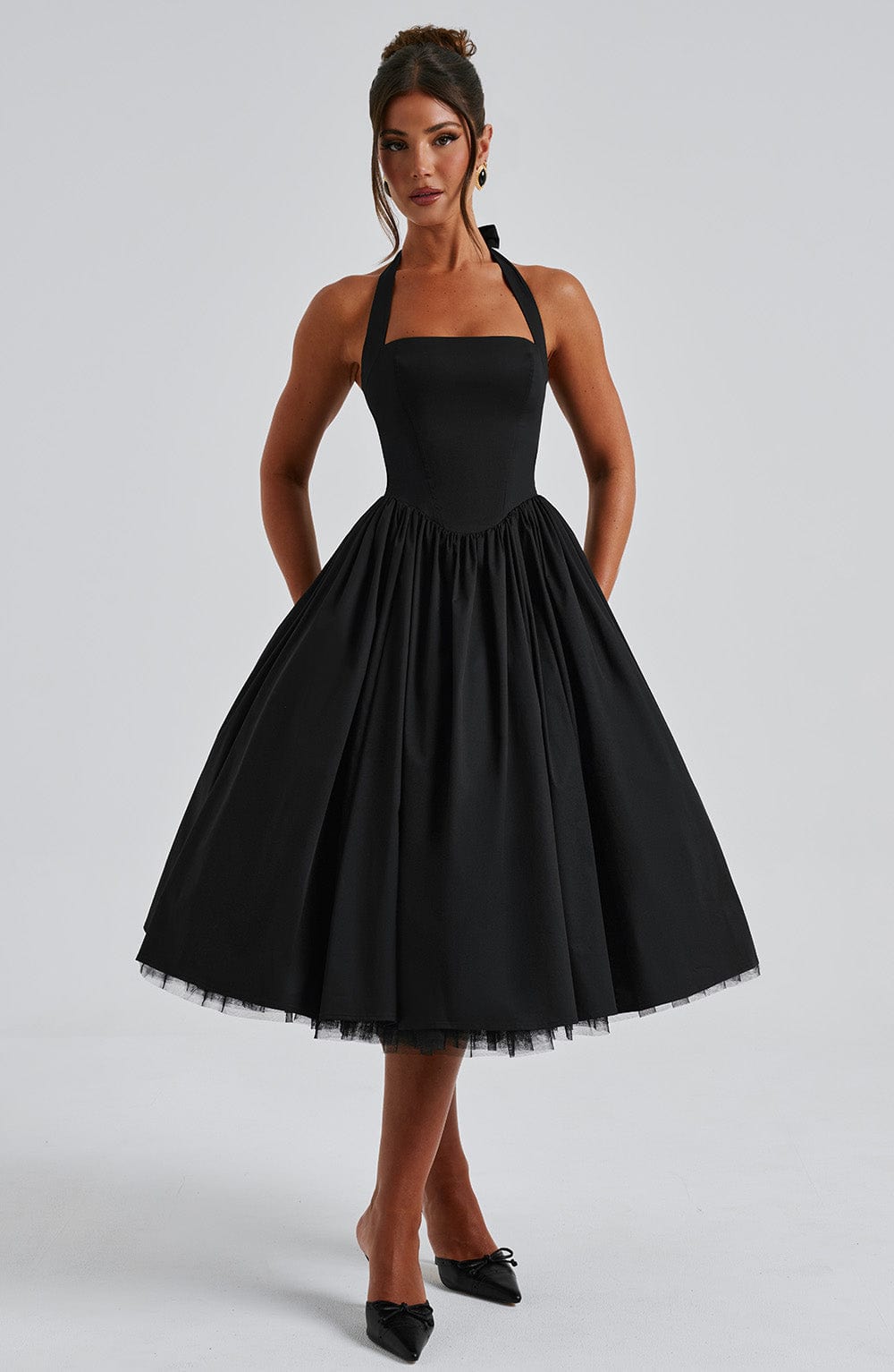 Square Neck Halter Pleated Ball Skirt Tulle Hem Midi Dress
