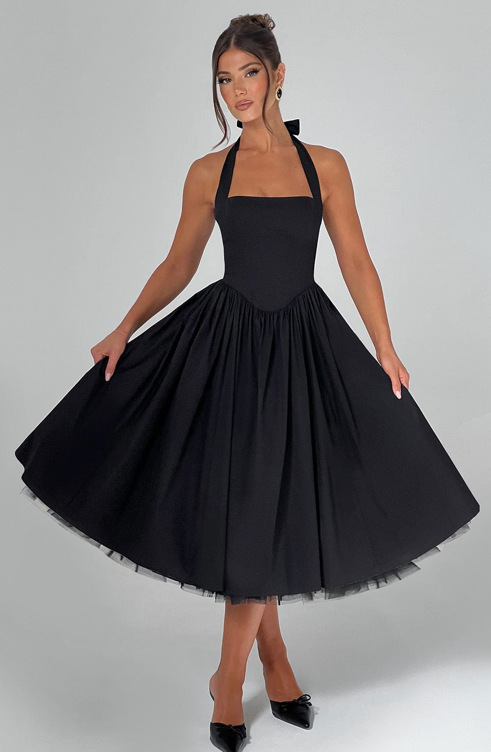 Square Neck Halter Pleated Ball Skirt Tulle Hem Midi Dress