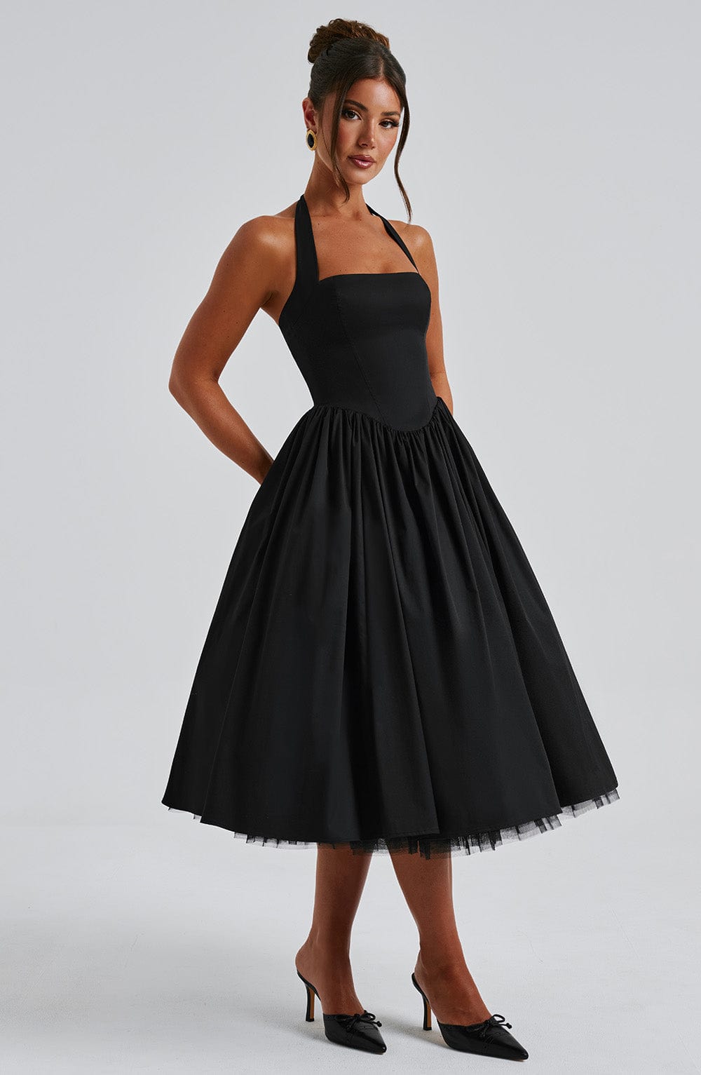 Square Neck Halter Pleated Ball Skirt Tulle Hem Midi Dress