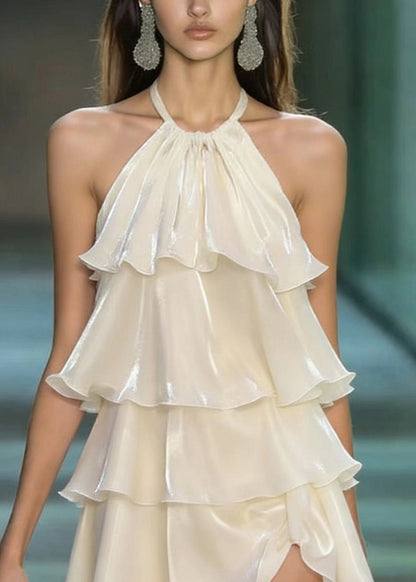 Halter Tiered Ruffle Asymmetric Hem Iridescent Sheen Mini Dress