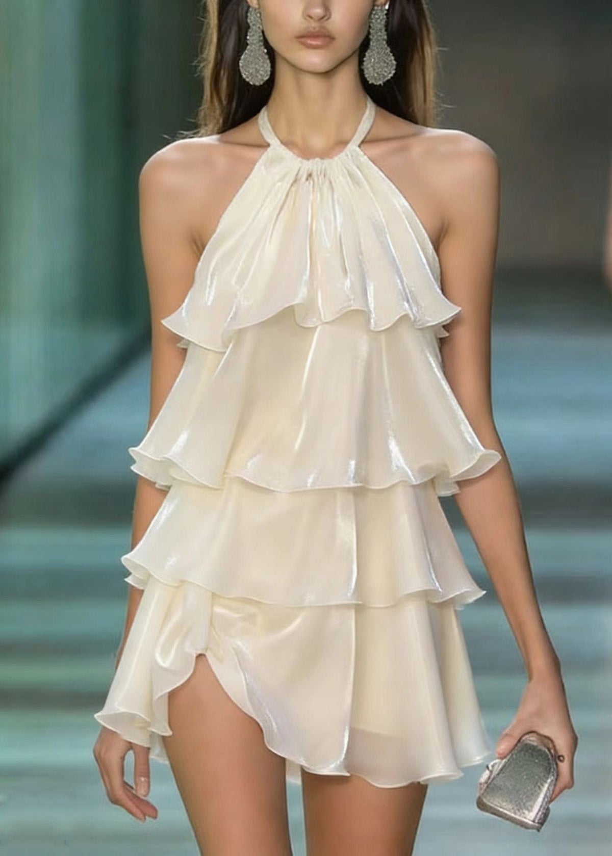 Halter Tiered Ruffle Asymmetric Hem Iridescent Sheen Mini Dress