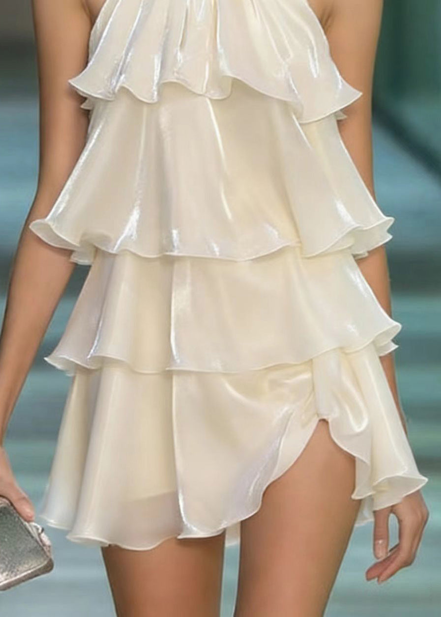 Halter Tiered Ruffle Asymmetric Hem Iridescent Sheen Mini Dress