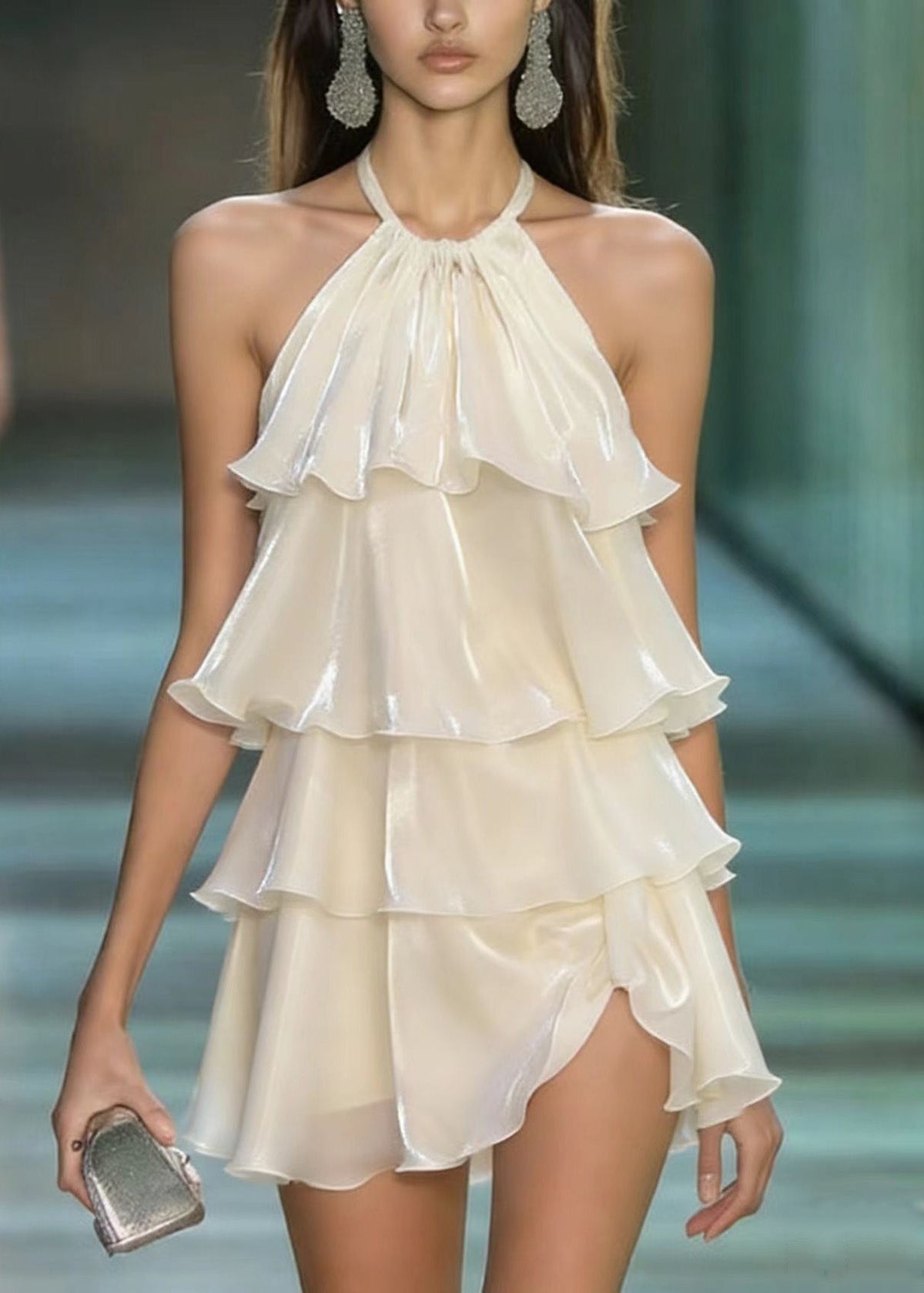 Halter Tiered Ruffle Asymmetric Hem Iridescent Sheen Mini Dress