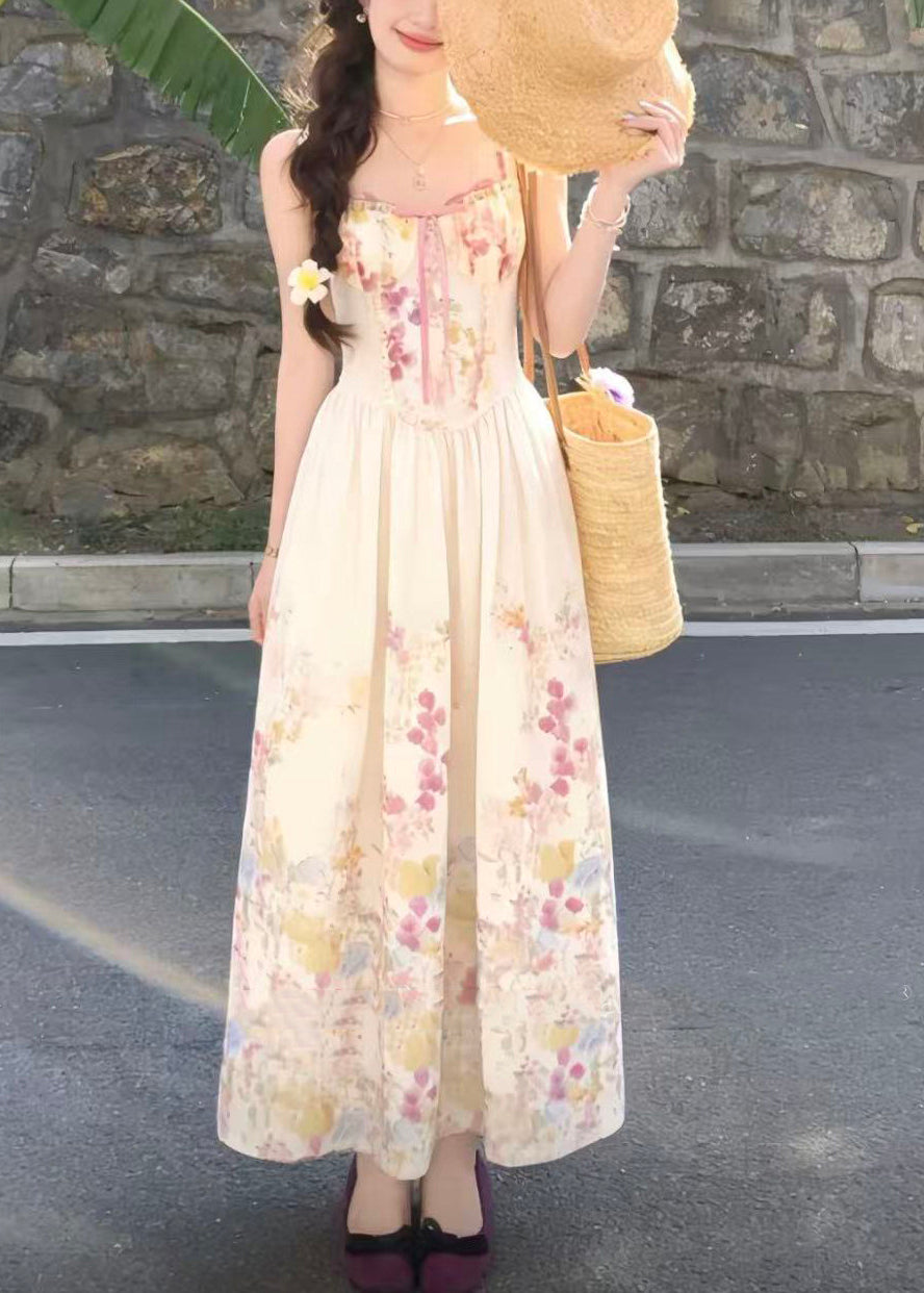 Sweetheart Lace Up Corset Bodice Pleated Floral Spaghetti Strap Maxi Dress