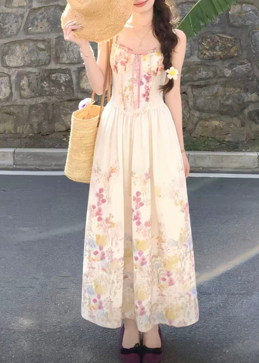 Sweetheart Lace Up Corset Bodice Pleated Floral Spaghetti Strap Maxi Dress