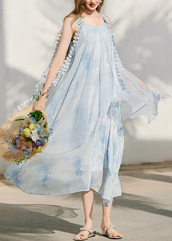 Scoop Neck Lace Trim Armhole Watercolor Print Crinkle Pleat Asymmetric Midi Dress