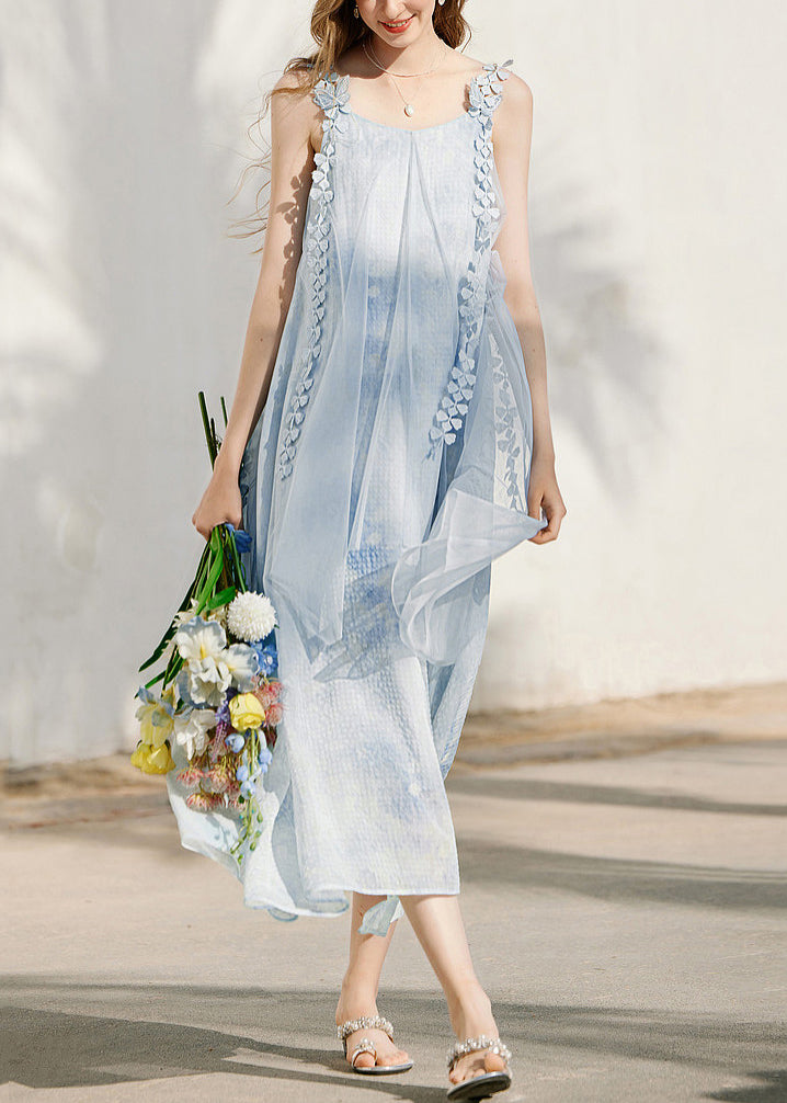 Scoop Neck Lace Trim Armhole Watercolor Print Crinkle Pleat Asymmetric Midi Dress