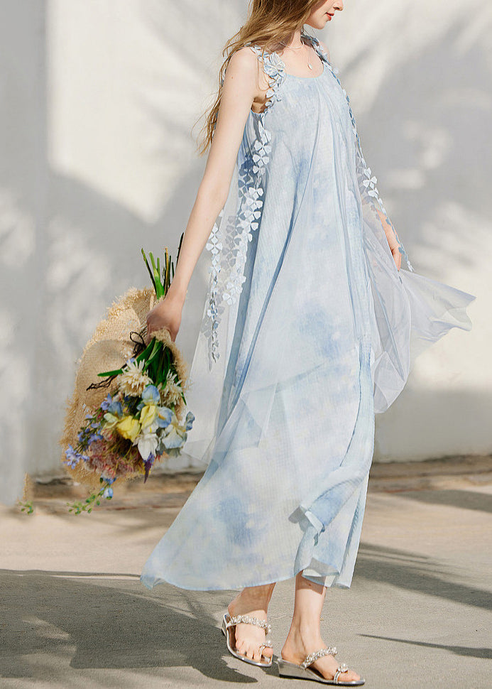 Scoop Neck Lace Trim Armhole Watercolor Print Crinkle Pleat Asymmetric Midi Dress