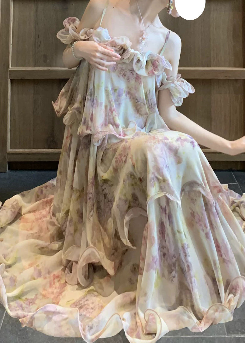 Spaghetti Strap Off Shoulder Floral Tiered Ruffle Maxi Gown
