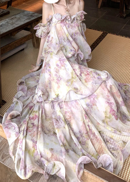 Spaghetti Strap Off Shoulder Floral Tiered Ruffle Maxi Gown