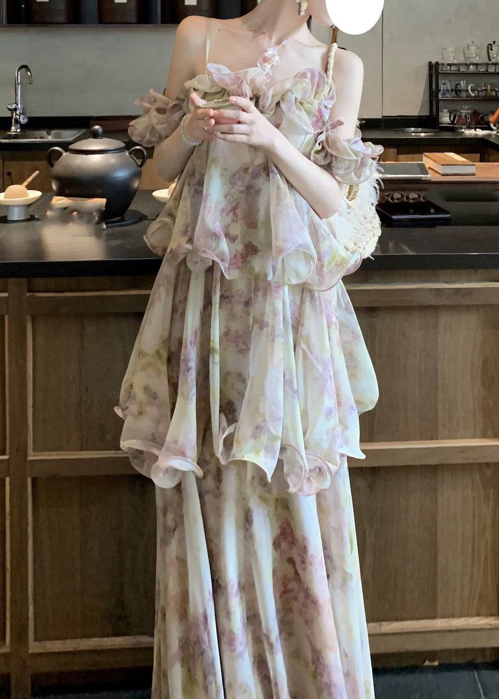 Spaghetti Strap Off Shoulder Floral Tiered Ruffle Maxi Gown