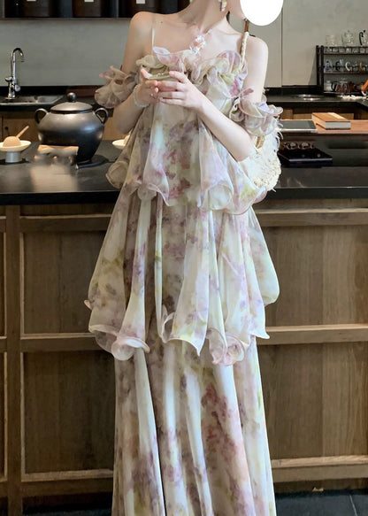 Spaghetti Strap Off Shoulder Floral Tiered Ruffle Maxi Gown