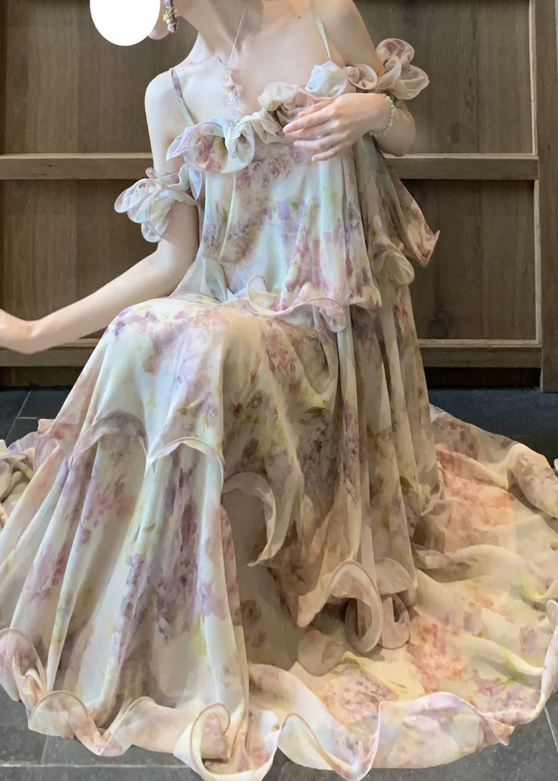 Spaghetti Strap Off Shoulder Floral Tiered Ruffle Maxi Gown
