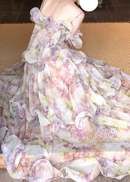 Spaghetti Strap Off Shoulder Floral Tiered Ruffle Maxi Gown