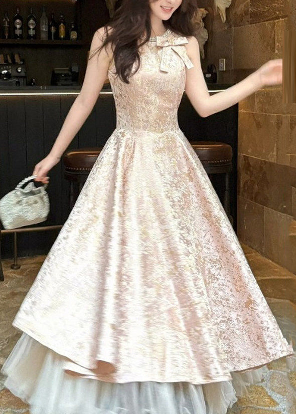Bow Neck Embossed Jacquard Tulle Hem A Line Maxi Gown