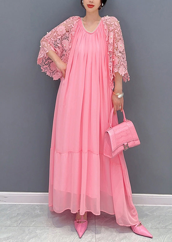 Scoop Neck Pearl Trim Sleeveless Tiered Maxi Dress with Lace Bell Sleeve Shrug Set