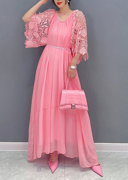 Scoop Neck Pearl Trim Sleeveless Tiered Maxi Dress with Lace Bell Sleeve Shrug Set