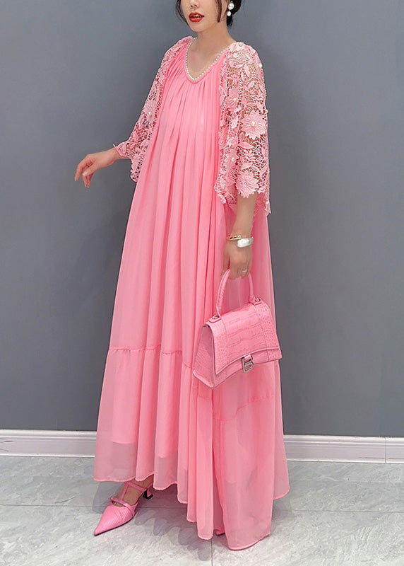 Scoop Neck Pearl Trim Sleeveless Tiered Maxi Dress with Lace Bell Sleeve Shrug Set